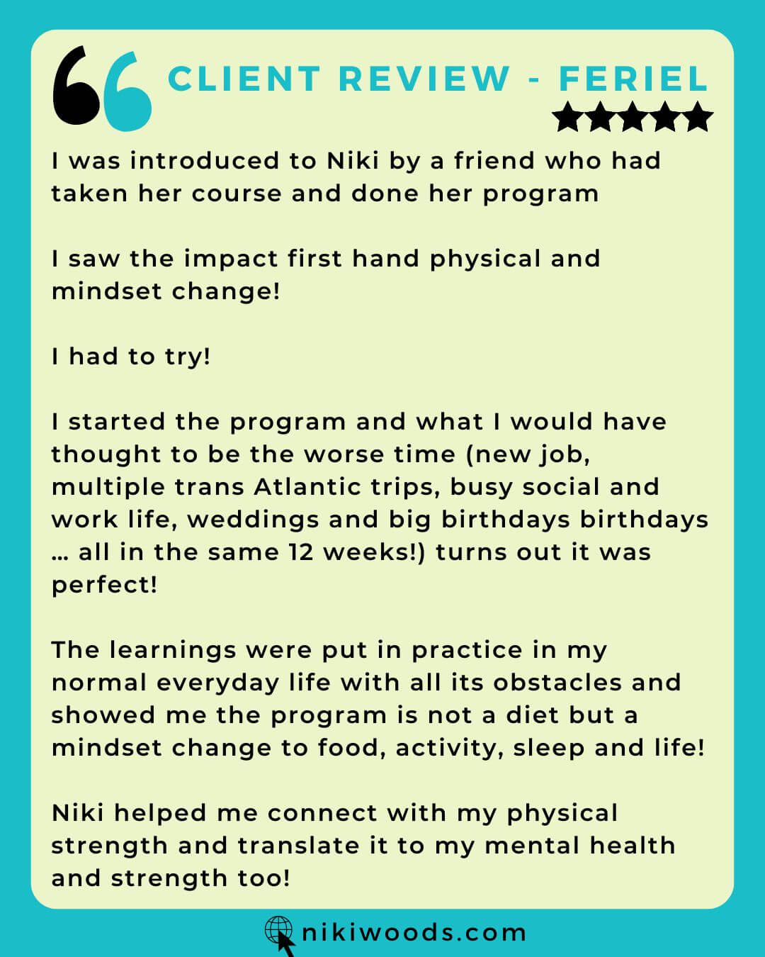 happy client review "not a diet but a mindset change"