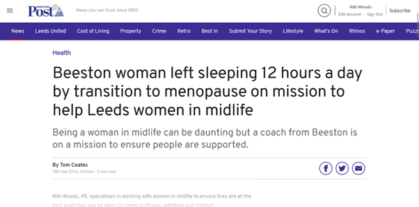 Beeston woman left sleeping 12 hours a day by transition to menopause on mission to help Leeds women in midlife Being a woman in midlife can be daunting but a coach from Beeston is on a mission to ensure people are supported. Interview with Niki Woods Yorkshire Evening Post