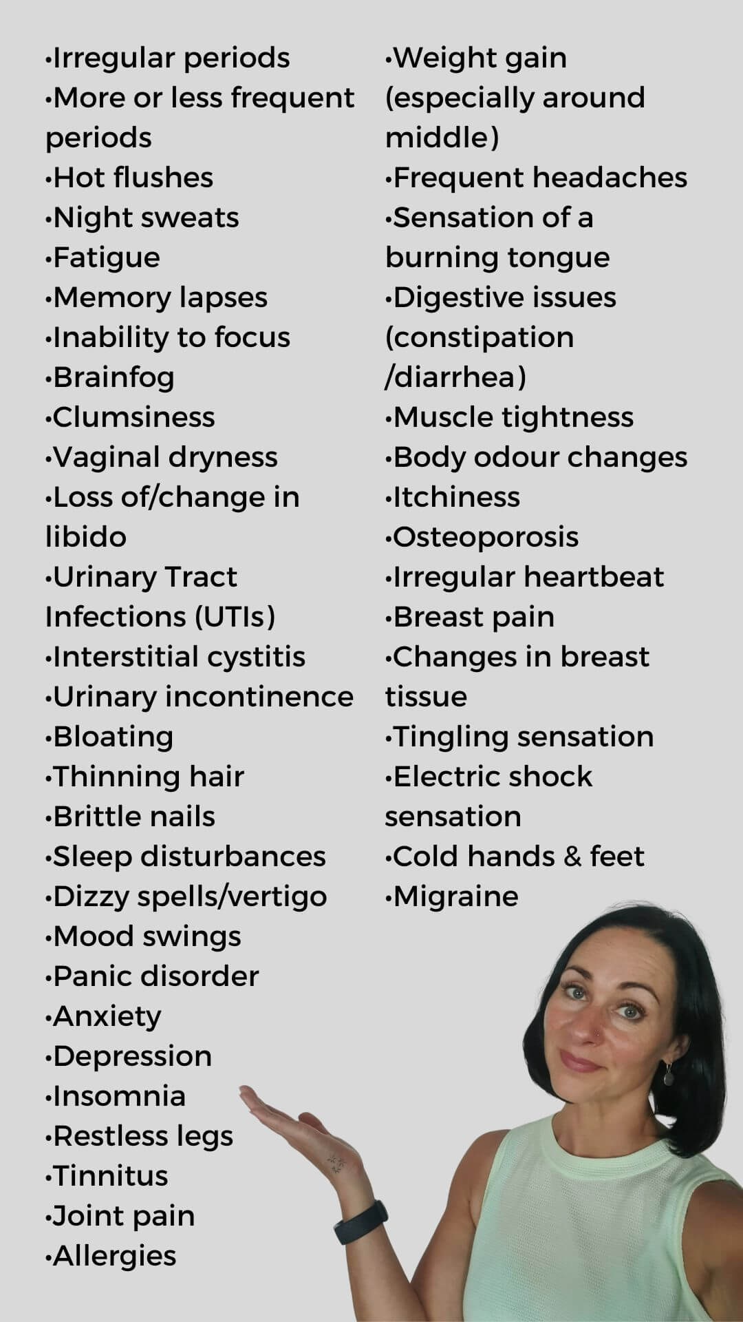 a list of over 40 signs & symptoms of perimenopause